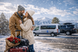 Couple in love on snowy mountainside